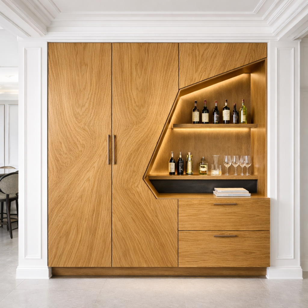 Modern Solid Wood Bar Cabinet with LED Shelf & Hidden Storage – Luxury Home Bar Unit