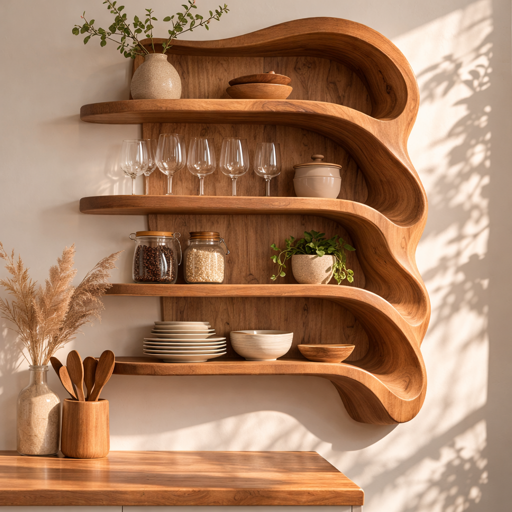 Solid Wood Curved Kitchen Cabinet Shelf – Organic Floating Wall Storage Rack