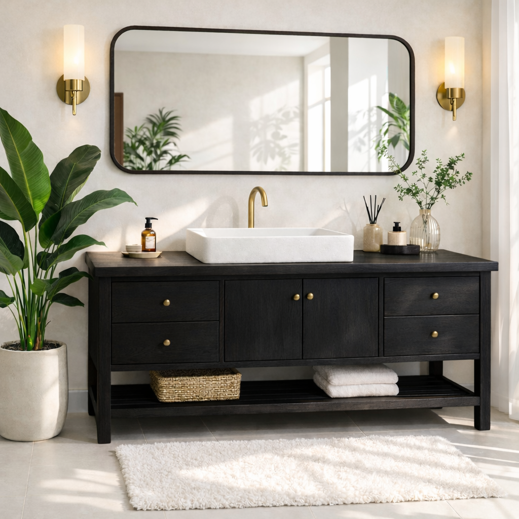 Rustic Bathroom Vanity with Open Shelves and Elegant Brass Faucet Kitchnce