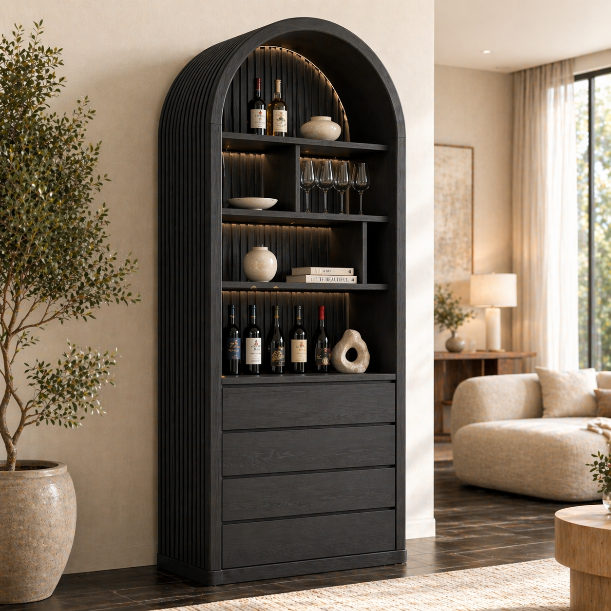 Arched Wine Cabinet Tall Bar Storage Glass Display Shelves Drawer Organizer