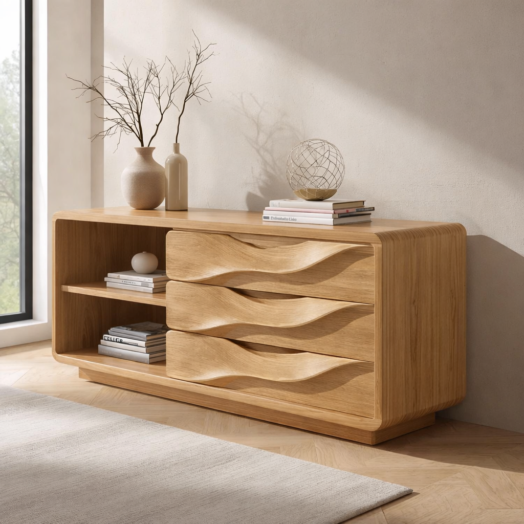Solid Wood Console Table with Wave Drawers and Open Shelf – Modern Ent