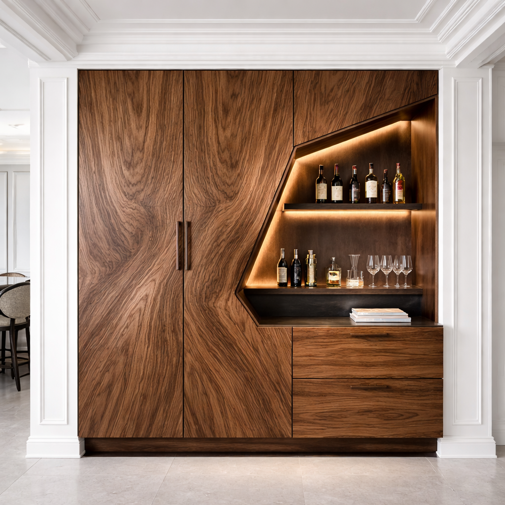 Modern Solid Wood Bar Cabinet with LED Shelf & Hidden Storage – Luxury Home Bar Unit