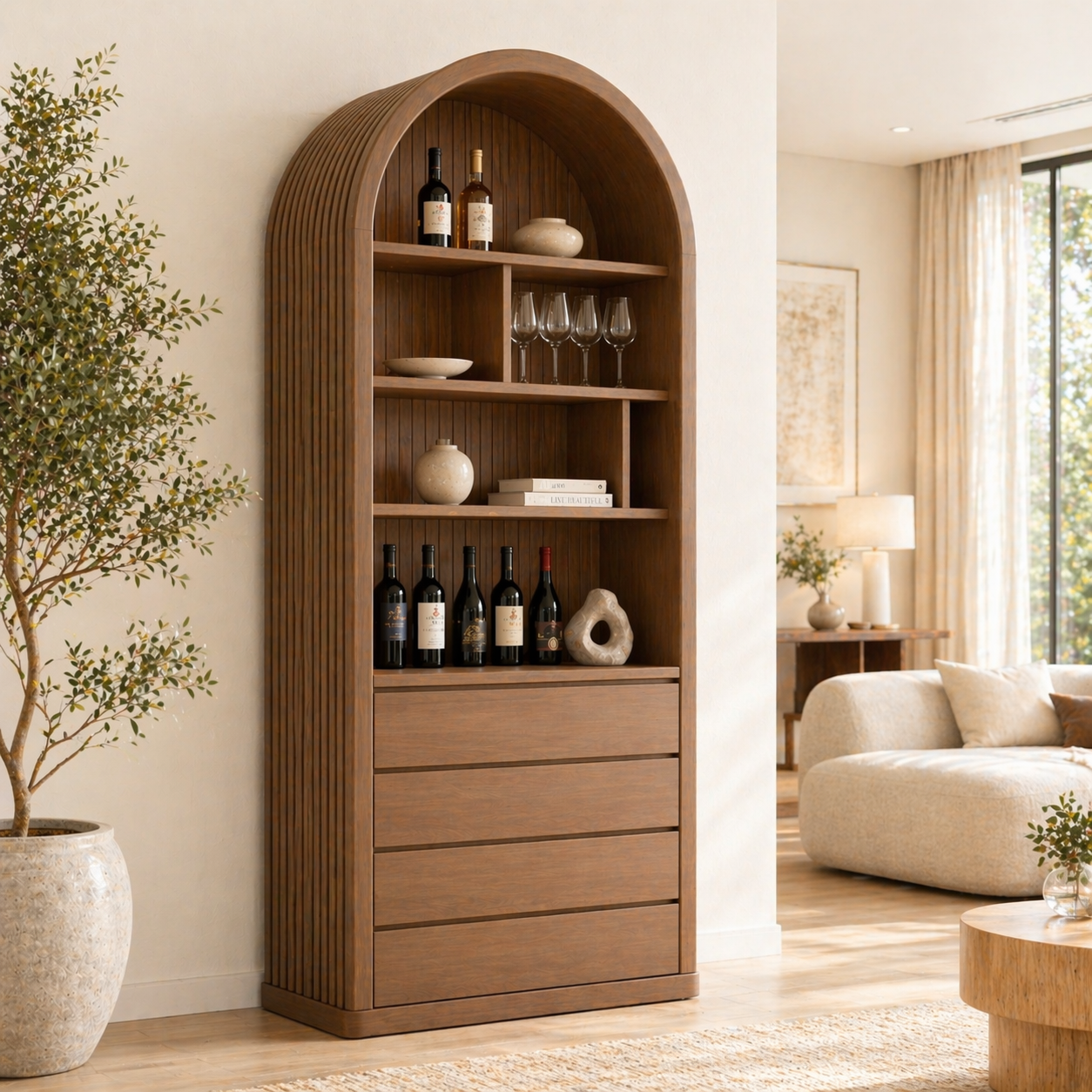 Arched Wine Cabinet Tall Bar Storage Glass Display Shelves Drawer Organizer