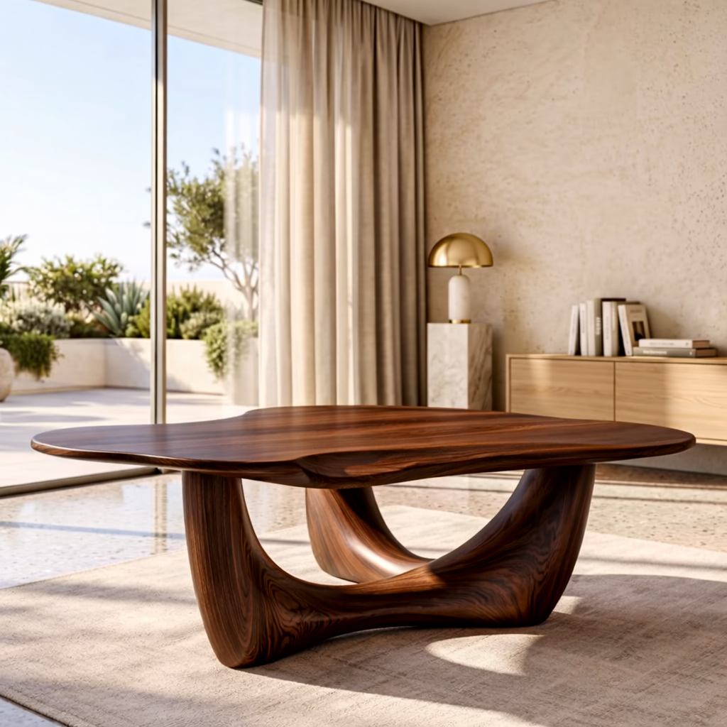 Organic Sculptural Coffee Table with Wave Base, Modern Minimalist Living Room Table