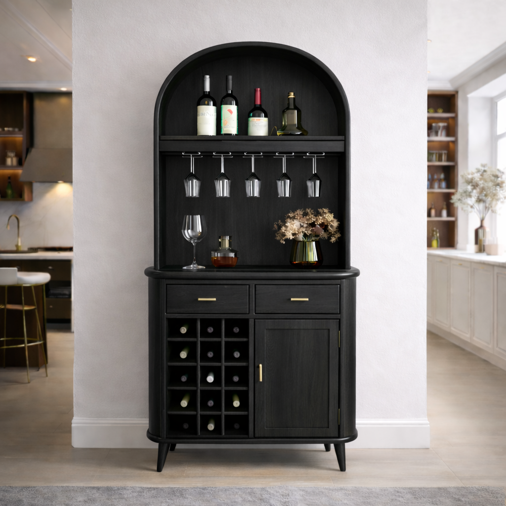 Solid Wood Arched Bar Cabinet with Wine Rack and Hanging Glass Holder