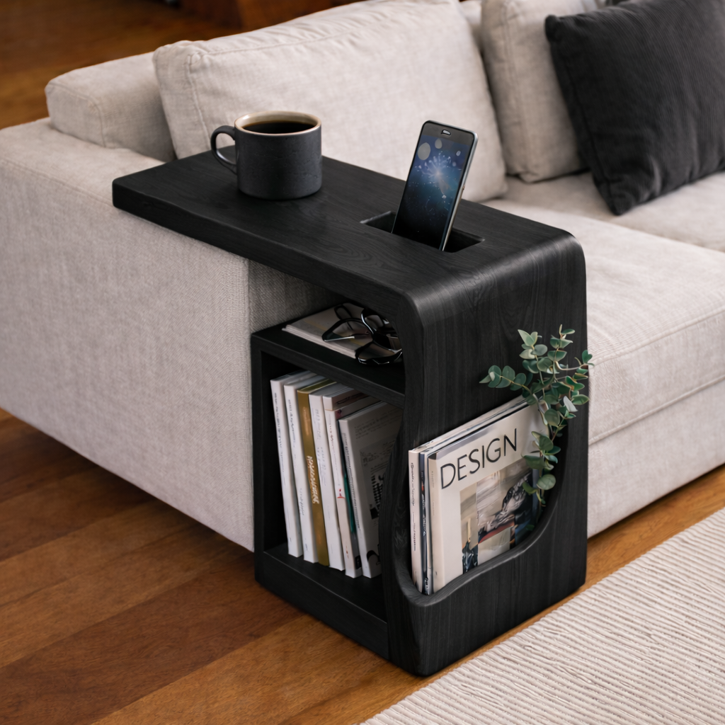 Solid Wood Sofa Armrest Table with Phone Holder – Couch Arm Tray with Storage