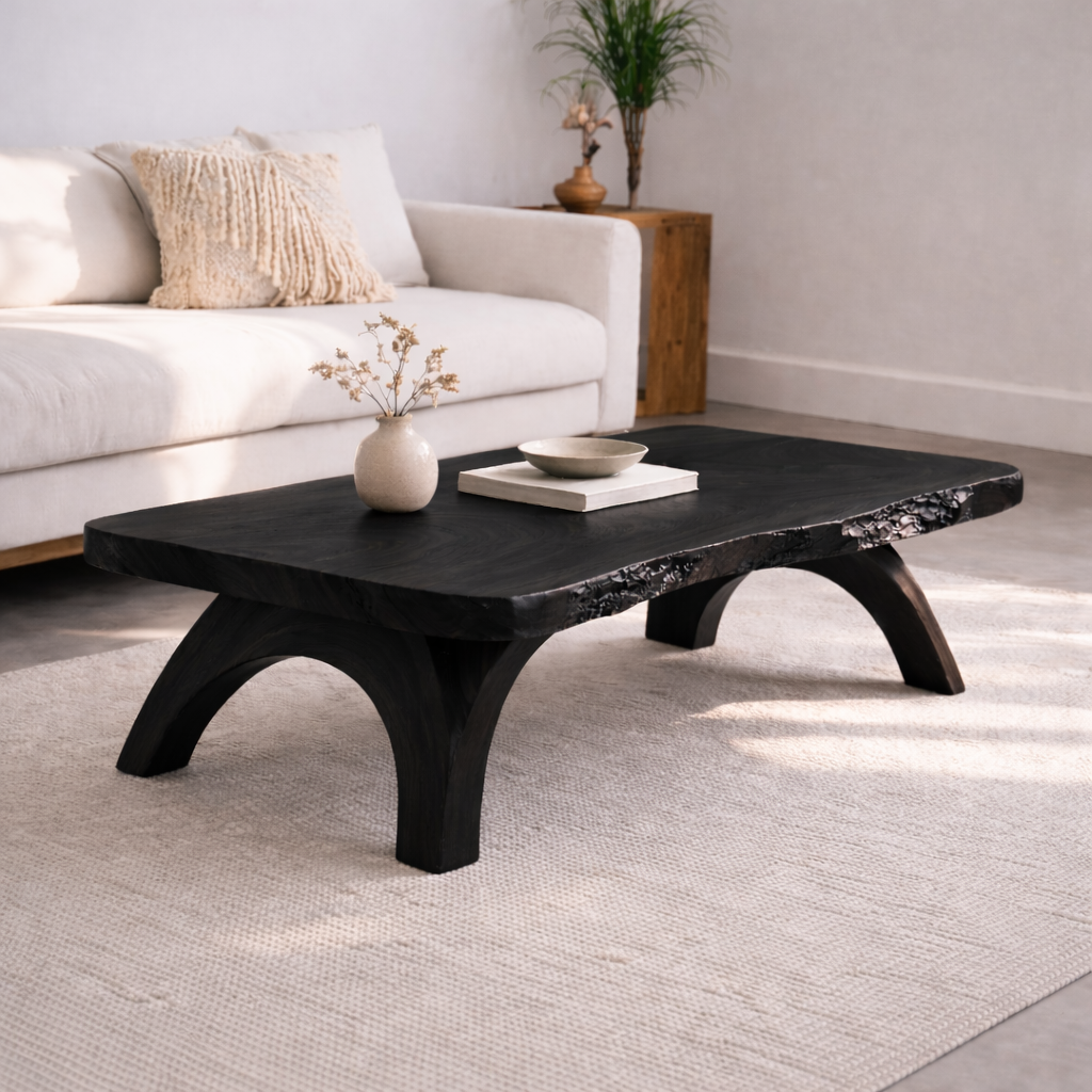 Live Edge Solid Wood Coffee Table with Sculpted Wooden Legs – Rustic Modern Center Table