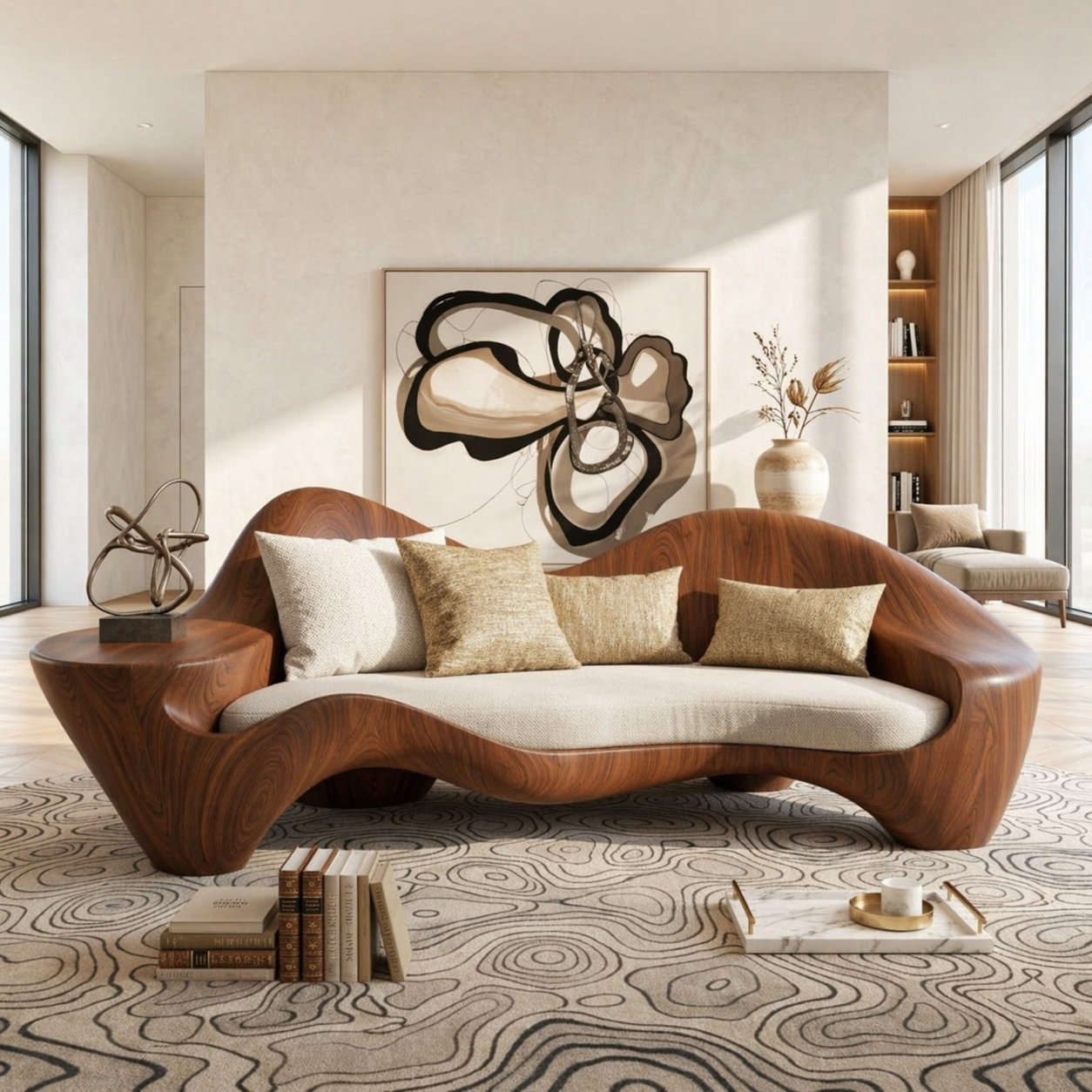 Modern Sculptural Curved Sofa with Side Table, Statement Living Room Furniture