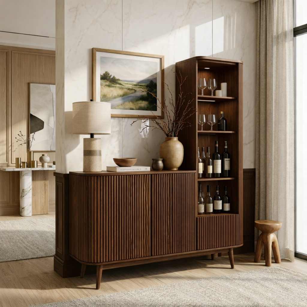 Contemporary Wooden Bar Cabinet, Fluted Sideboard with Tall Bottle Display Storage