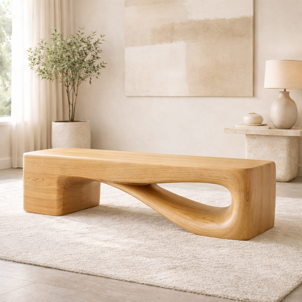 Modern Sculptural Wooden Entryway Bench, Curved Hallway Seating for Luxury Homes