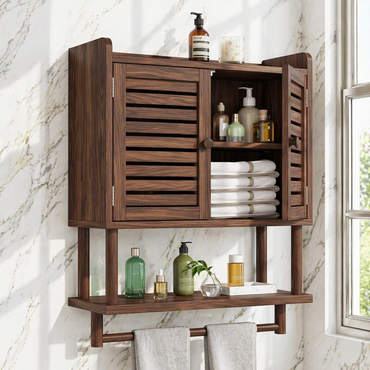 Modern Bathroom Cabinet, Slatted Wall-Mounted Vanity Storage Shelf With Towel Bar