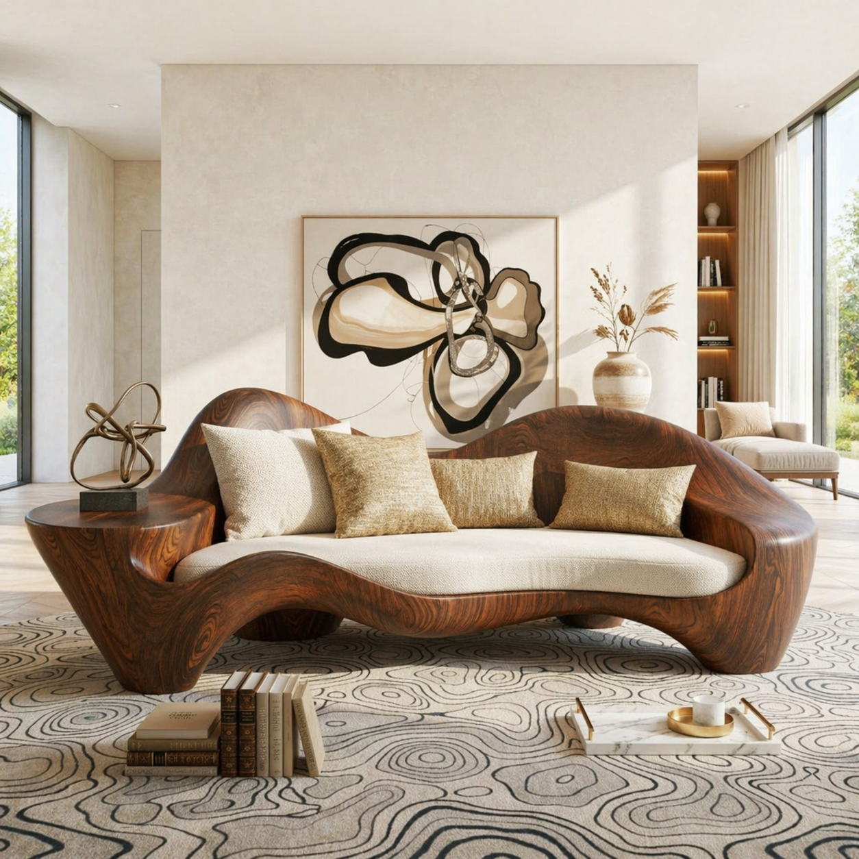 Modern Sculptural Curved Sofa with Side Table, Statement Living Room Furniture