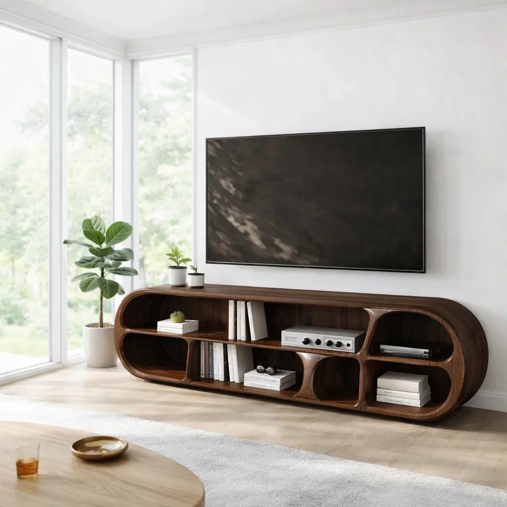 Solid Wood TV Console with Curved Design – Modern Media Unit with Open Storage