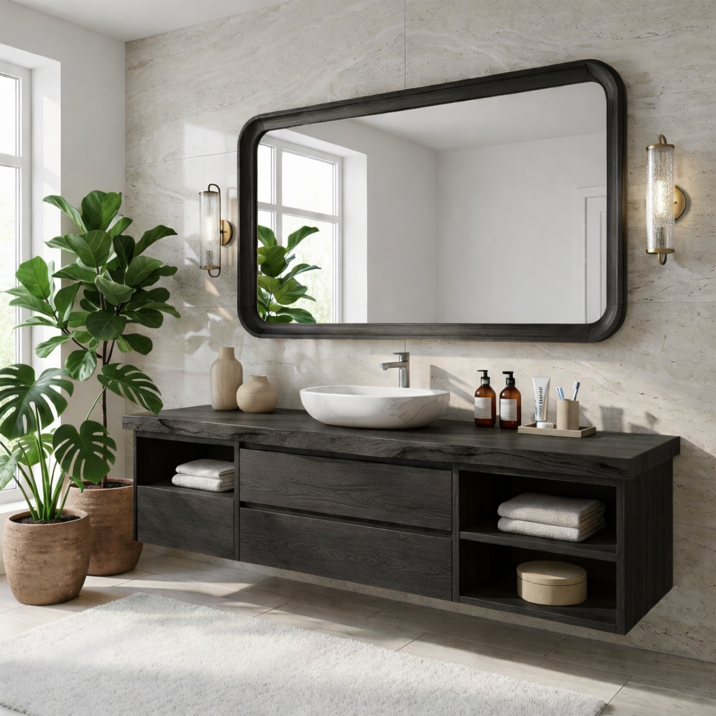 Elegant Floating Vanity with Natural Wood Finish, Wall-Mounted Modern Bathroom Storage Kitchnce