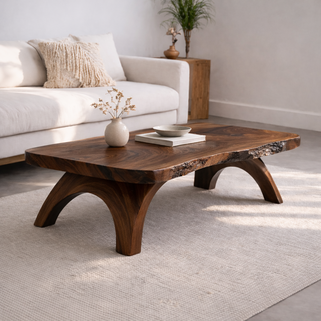 Live Edge Solid Wood Coffee Table with Sculpted Wooden Legs – Rustic Modern Center Table
