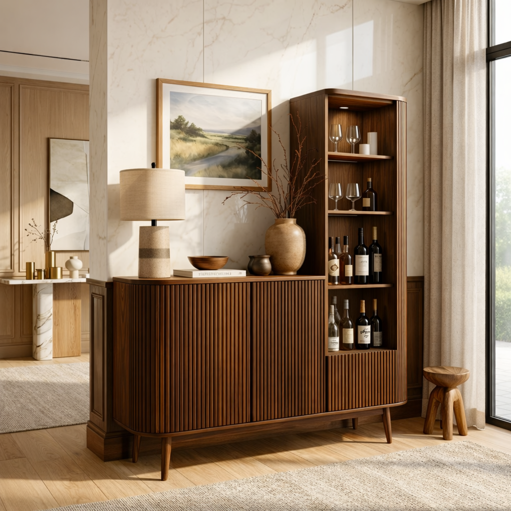 Contemporary Wooden Bar Cabinet, Fluted Sideboard with Tall Bottle Display Storage