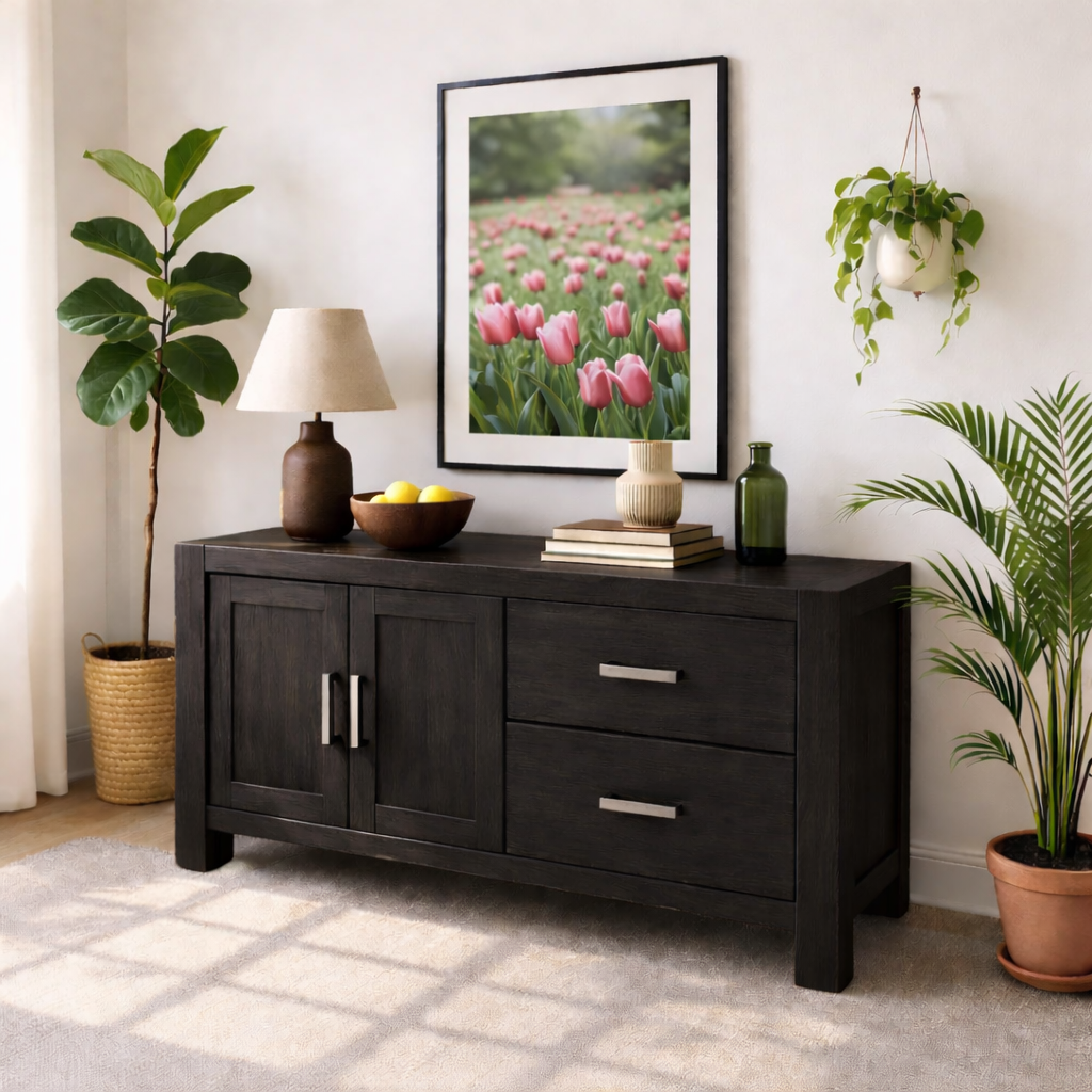 Solid Wood Console Table, Modern Wood Buffet Console with Doors and Drawers Storage Kitchnce