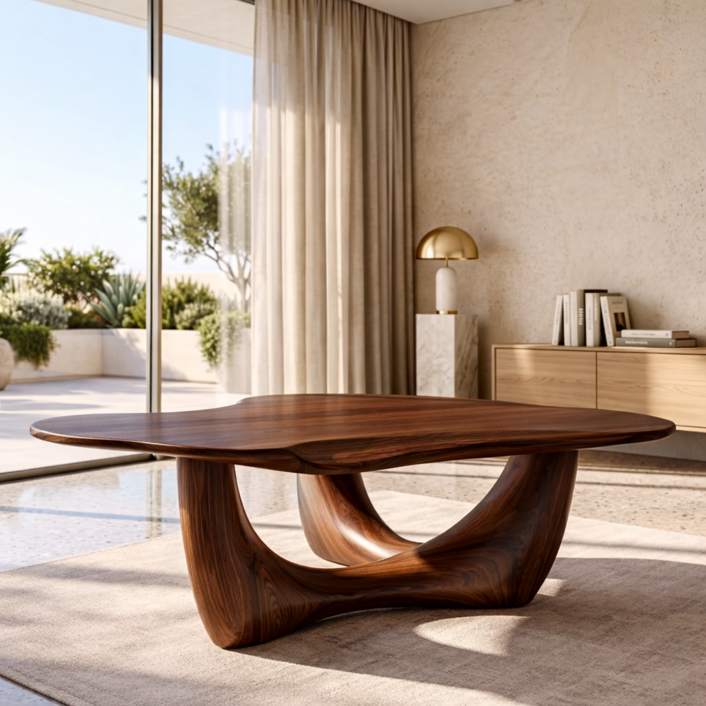 Organic Sculptural Coffee Table with Wave Base, Modern Minimalist Living Room Table