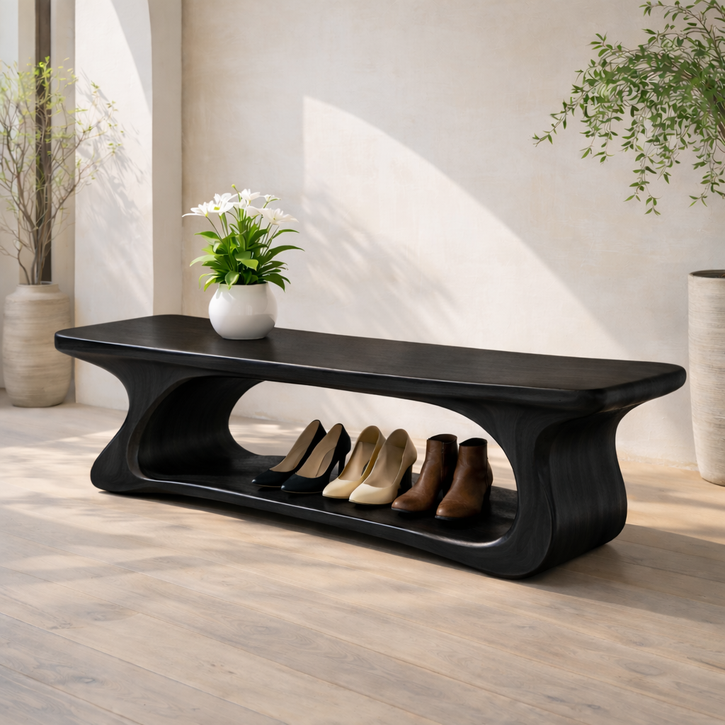 Sculptural Solid Wood Storage Bench, Modern Organic Entryway Shoe Bench