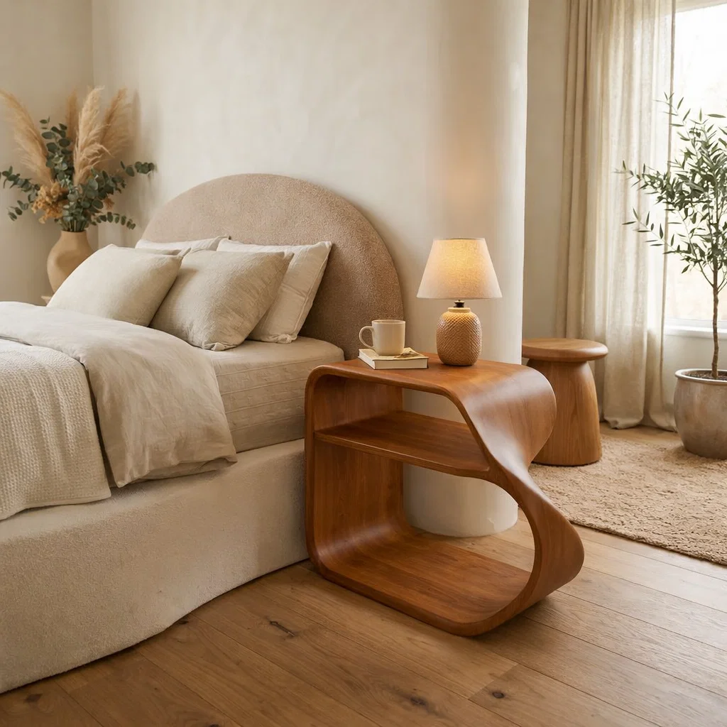 Solid Wood Curved Nightstand with Open Shelf – Modern Minimalist Bedside Table