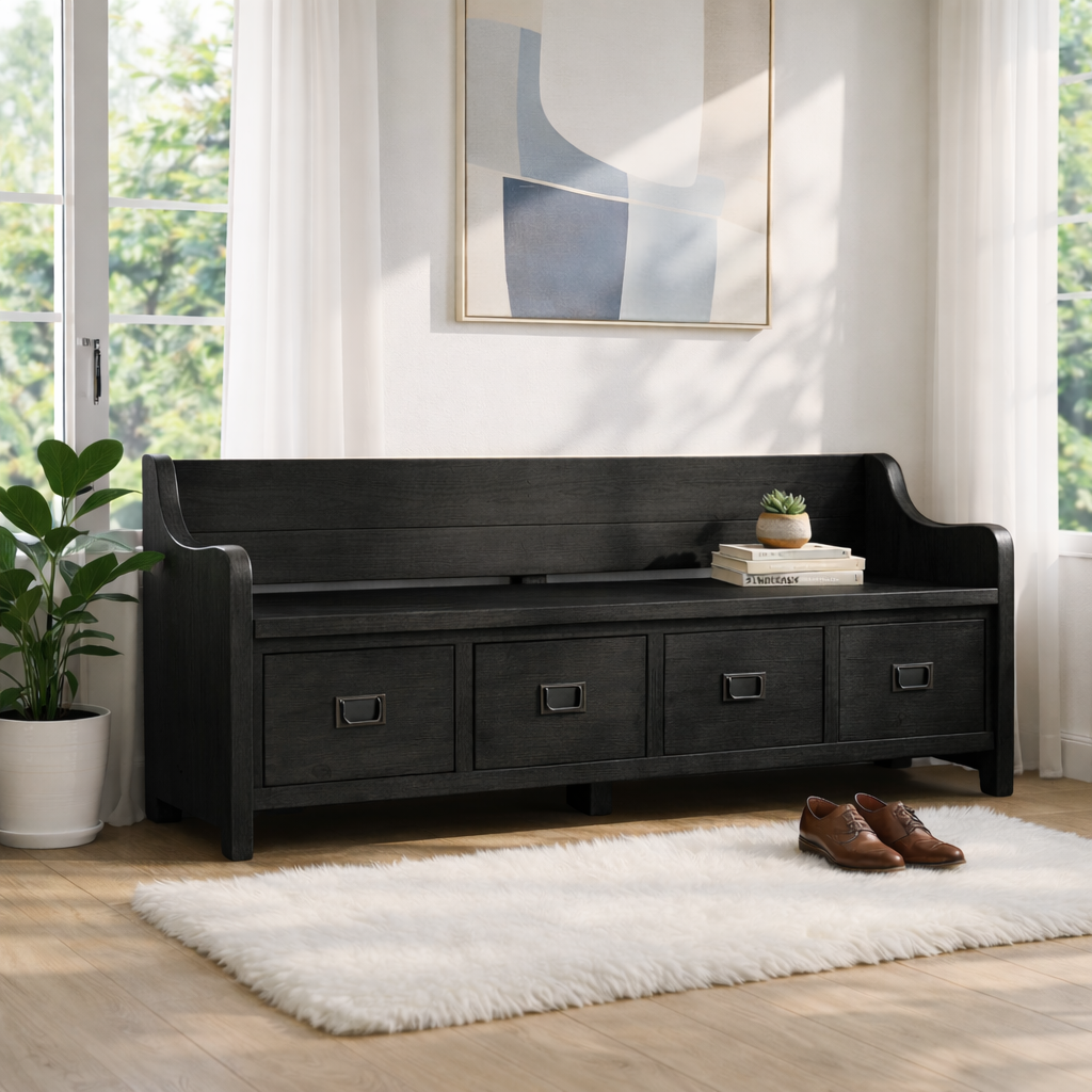 Solid Wood Storage Bench with Drawers, Entryway Hallway Seating Cabinet