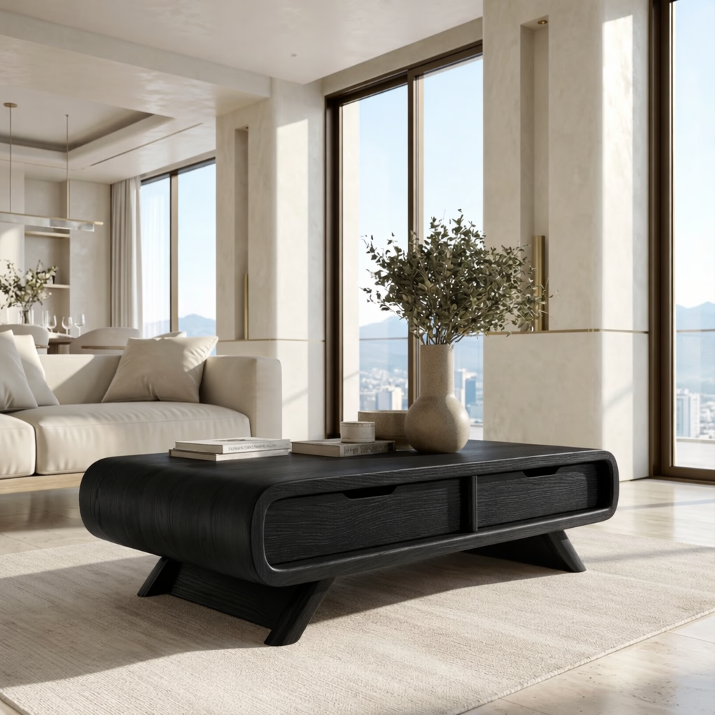 Modern Storage Coffee Table with Drawers, Minimalist Rounded Living Room Centerpiece