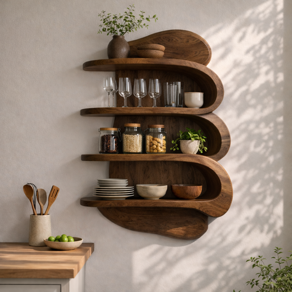 Curved Solid Wood Kitchen Cabinet Shelf – Floating Wall Storage with Organic Design