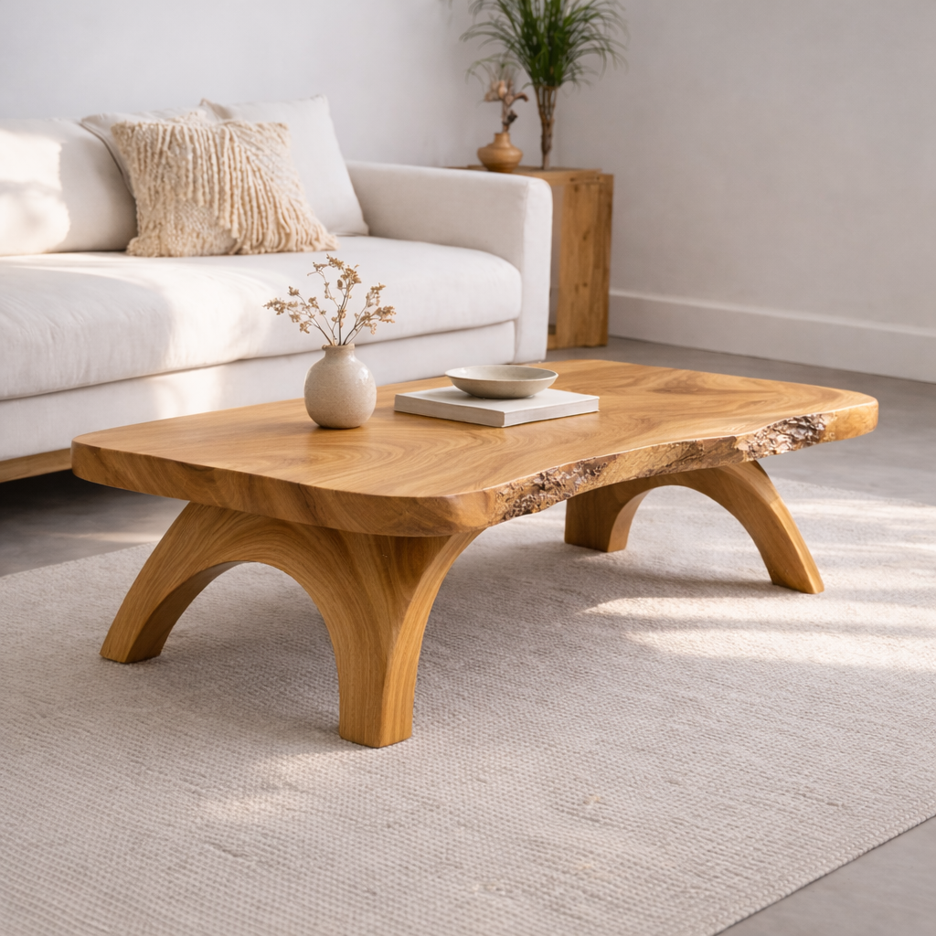 Live Edge Solid Wood Coffee Table with Sculpted Wooden Legs – Rustic Modern Center Table