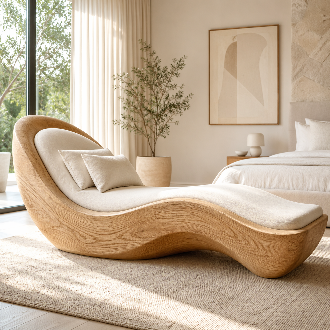 Luxury Curved Chaise Lounge Sculptural Daybed with Cushion for Bedroom Decor
