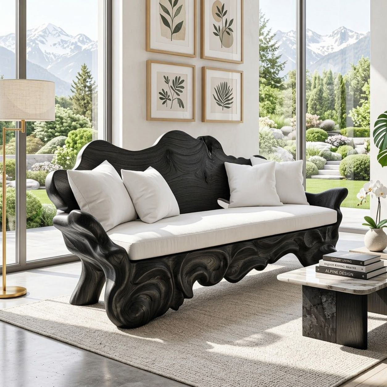 Organic Sculptural Wooden Sofa, Luxury Curved Statement Couch with White Cushions