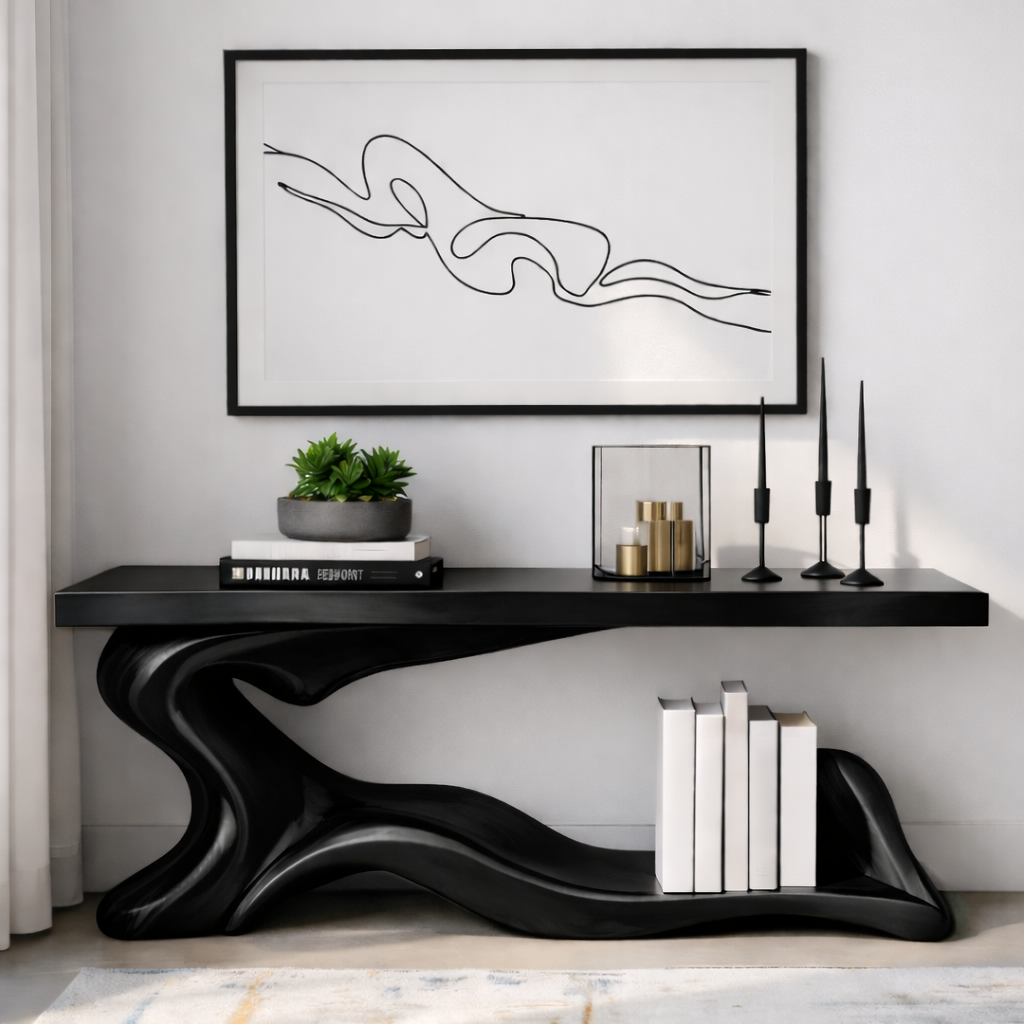 Handcrafted Solid Wood Console Table with Sculptural Organic Base and Modern Minimalist Design