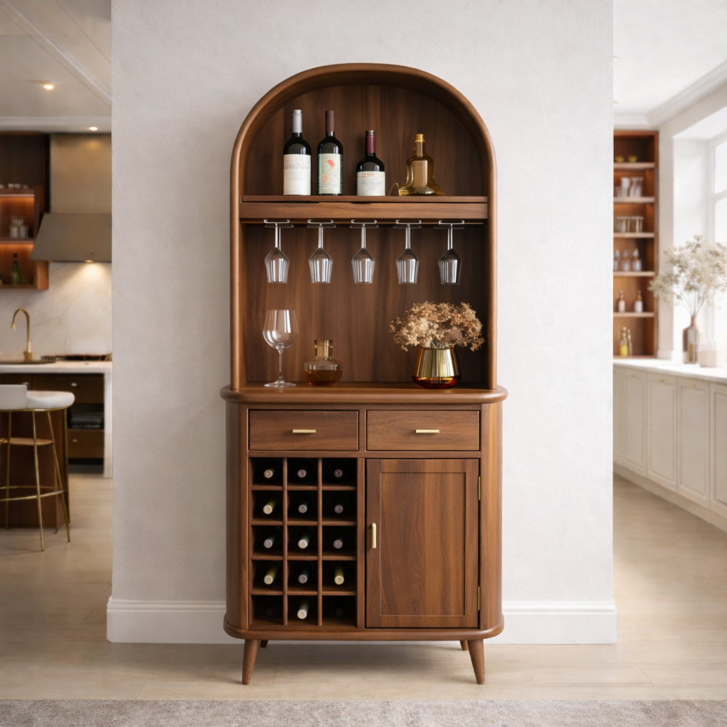 Solid Wood Arched Bar Cabinet with Wine Rack and Hanging Glass Holder