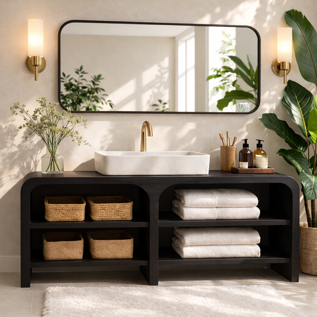 Modern Wooden Bathroom Vanity with Open Shelving Kitchnce