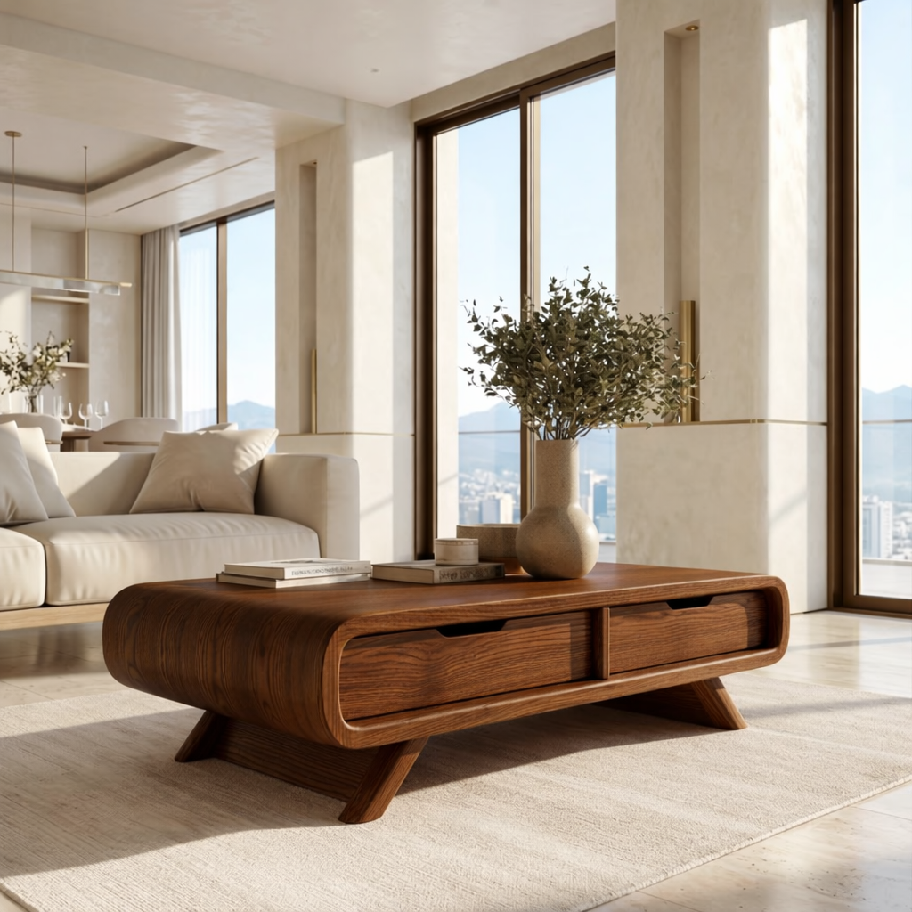 Modern Storage Coffee Table with Drawers, Minimalist Rounded Living Room Centerpiece