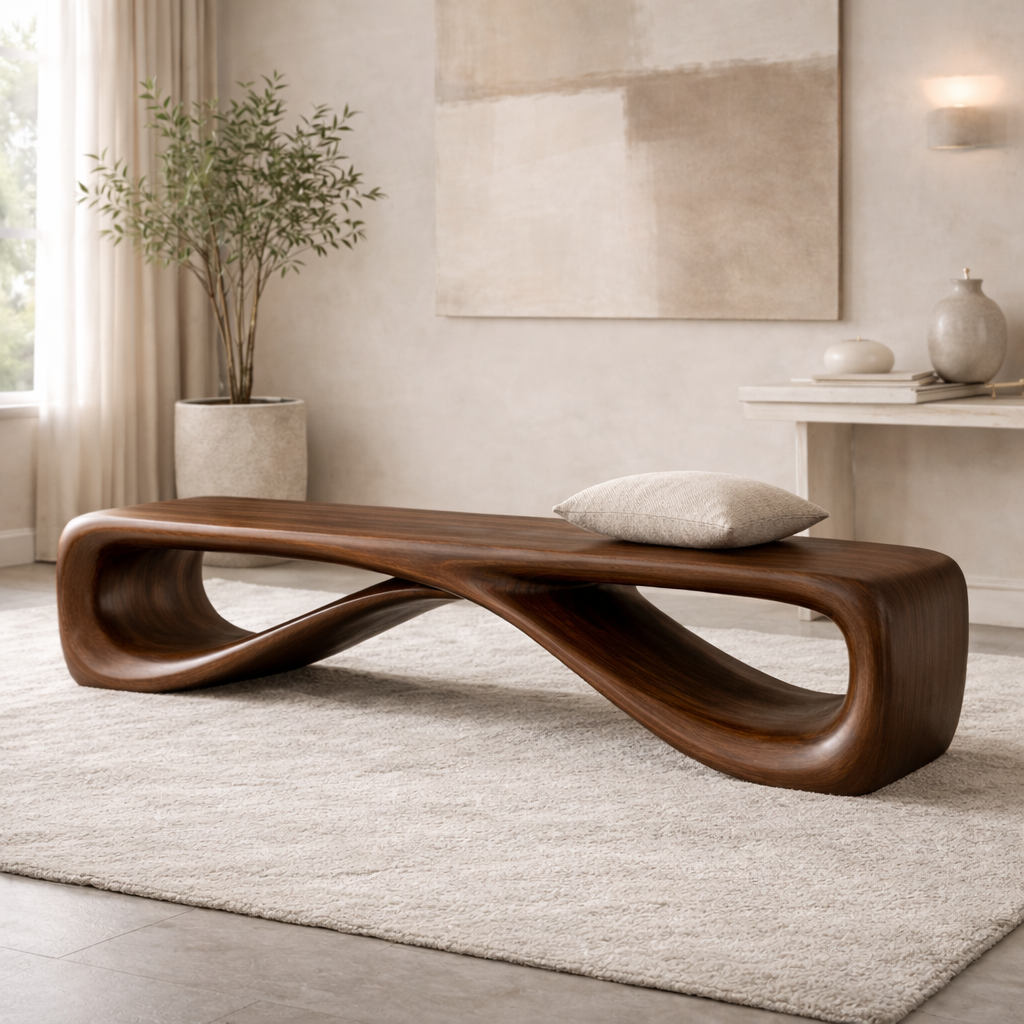 Contemporary Sculptural Entryway Bench, Curved Hallway Seating for Luxury Interiors