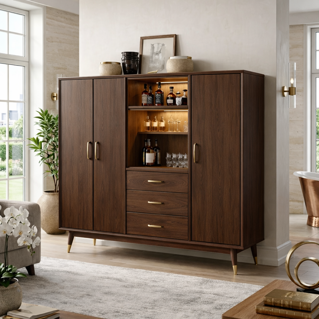 Contemporary Wooden Bar Cabinet, Entertaining Storage Sideboard with Glassware Display
