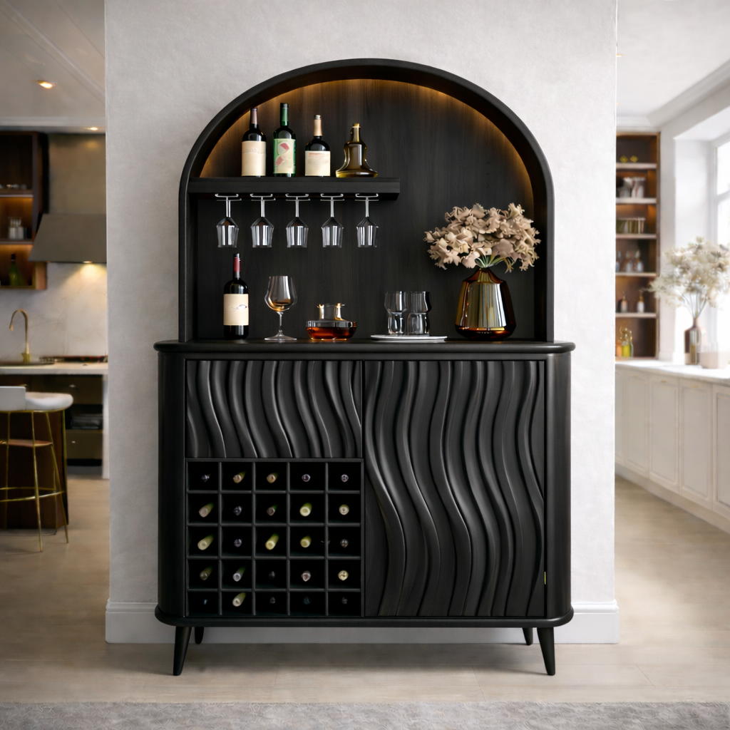Solid Wood Bar Cabinet with Arched Display, Wine Rack & Wave Panel Doors