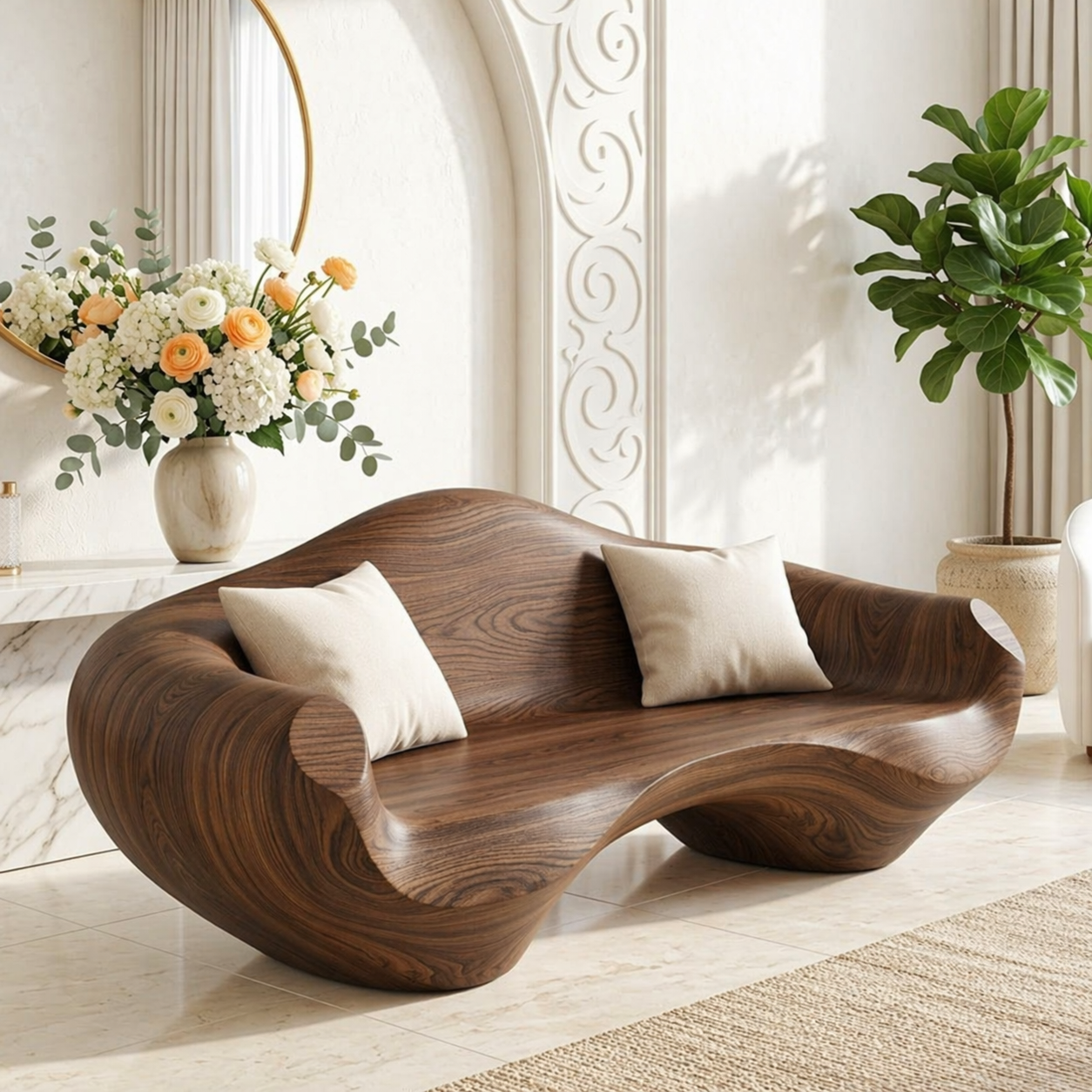 Modern Sculptural Curved Sofa, Organic Minimalist Statement Accent Furniture Piece