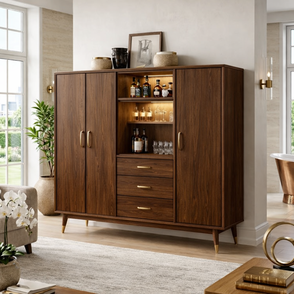 Contemporary Wooden Bar Cabinet, Entertaining Storage Sideboard with Glassware Display