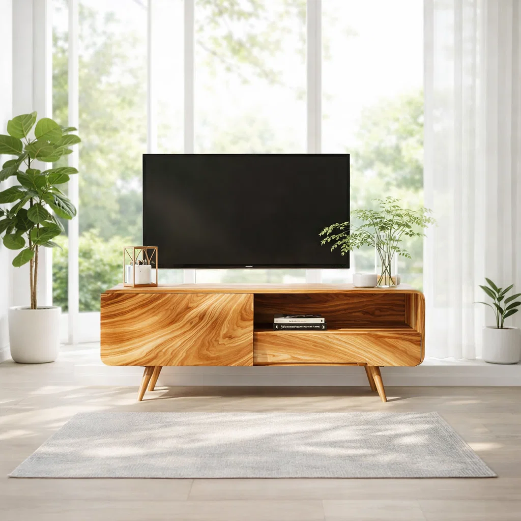 Solid Wood TV Console with Sliding Door – Modern Walnut Media Stand with Storage
