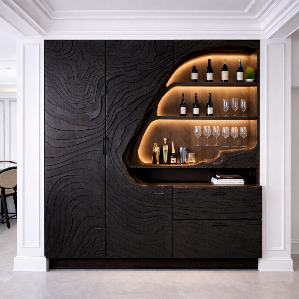 Luxury Solid Wood Bar Cabinet with Sculpted Wood Panels & LED Display Shelves
