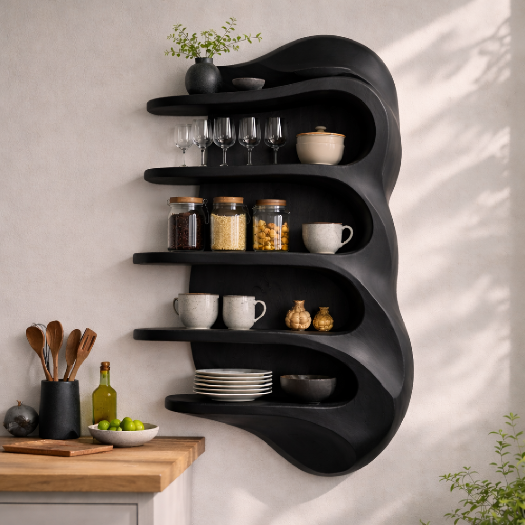 Solid Wood Curved Kitchen Cabinet Shelf – Floating Organic Wall Storage Display