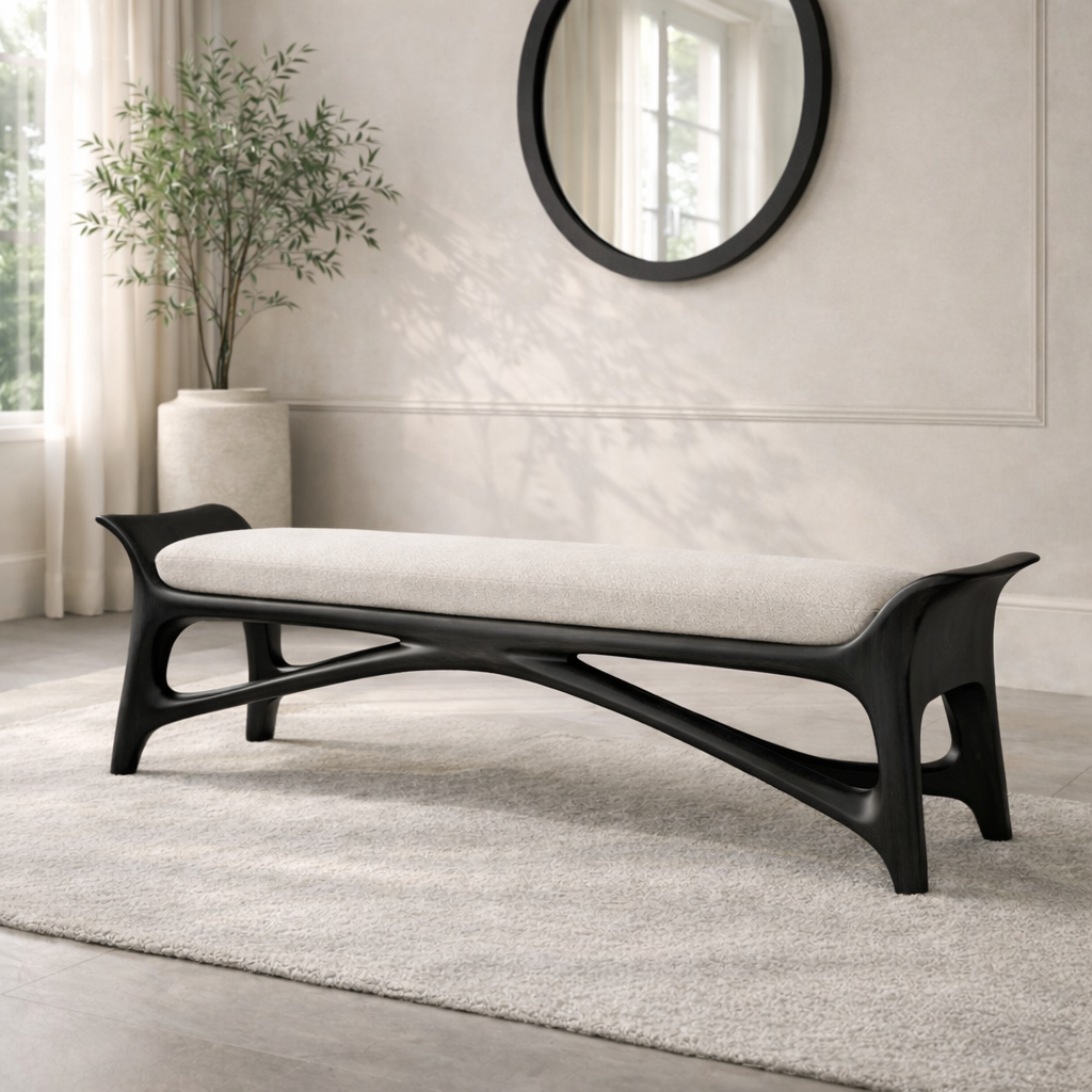 Modern Upholstered Entryway Bench, Luxury Sculptural Hallway Seat with Curved Frame
