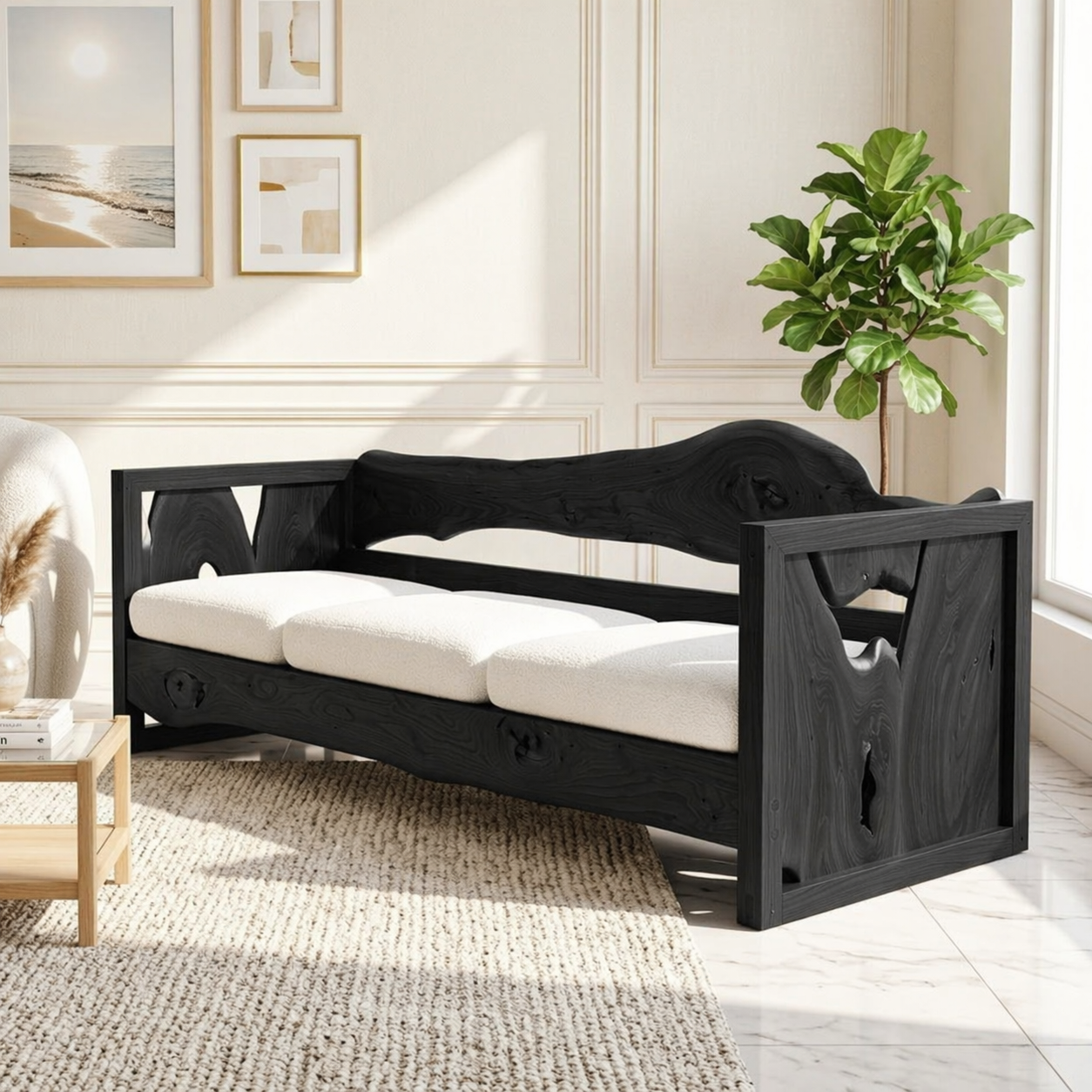Organic Modern Wooden Sofa, Minimalist Daybed Couch for Elegant Modern Interiors