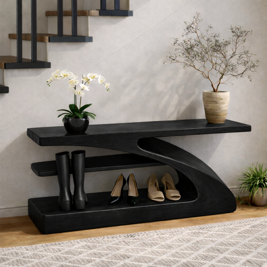 Modern Sculptural Solid Wood Entryway Bench with Shoe Storage