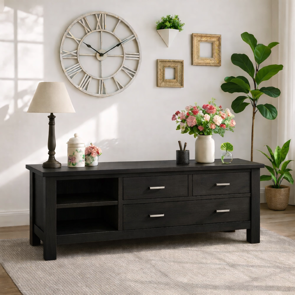 Solid Wood Console Table with Drawers, Farmhouse Wood Media Cabinet with Storage Kitchnce