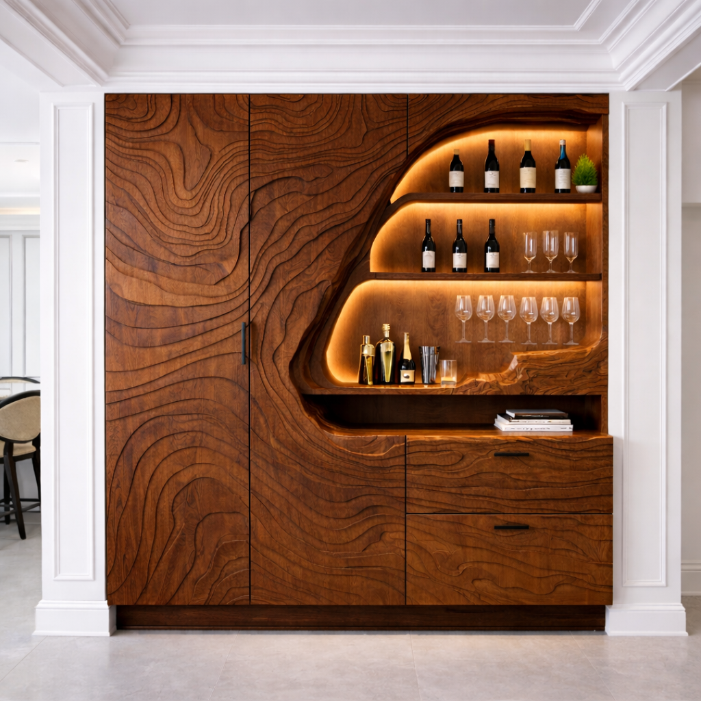 Luxury Solid Wood Bar Cabinet with Sculpted Wood Panels & LED Display Shelves