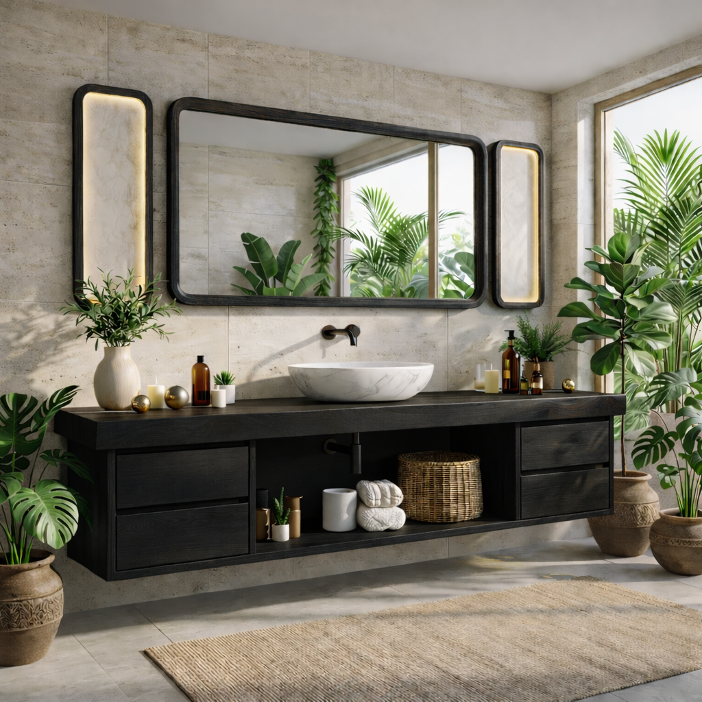 Modern Floating Walnut Vanity with Natural Wood Finish and Open Shelving, Stylish Bathroom Storage Kitchnce