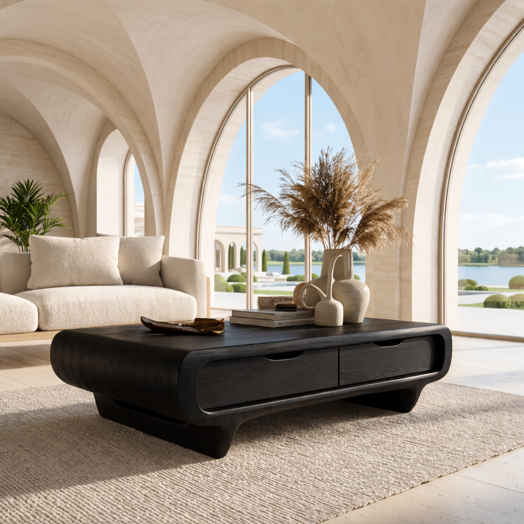 Modern Storage Coffee Table with Drawers, Rounded Minimalist Living Room Centerpiece