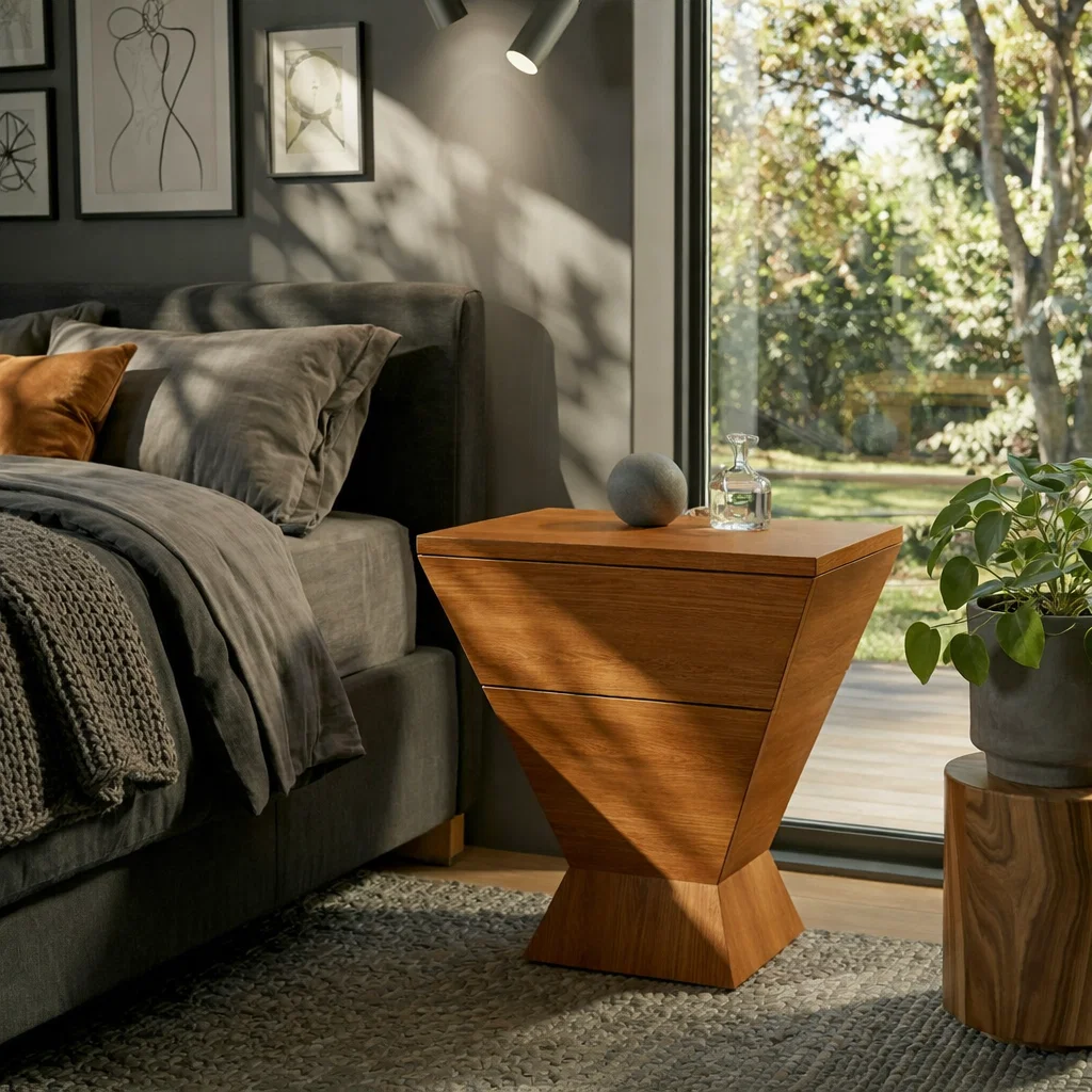 Modern Geometric Solid Wood Nightstand with Drawer – Minimalist Bedside Table